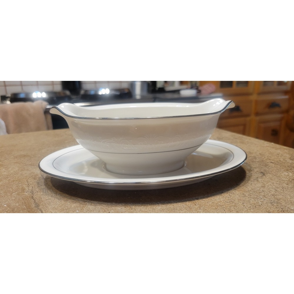 Noritake Ivory China Marseille Gravy Boat with Underplate Silver Trim